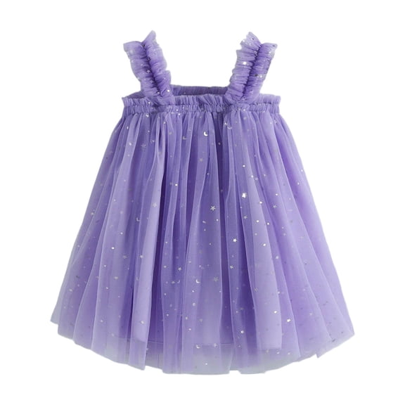 XEGLSBU Girls Dresses Size 14-16 Casual Girls Summer Party Dress with Star Moon Layer Sparkly Puff Sleeveless Dress for Toddler Kids Holiday Celebration Purple Size 4-5 Years