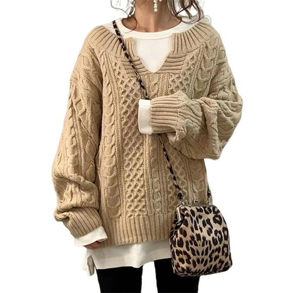 Innerwin Pullover Jumper Tops V Neck Ladies Sweater Work Cable Knit Comfy Knitwear Camel XXS