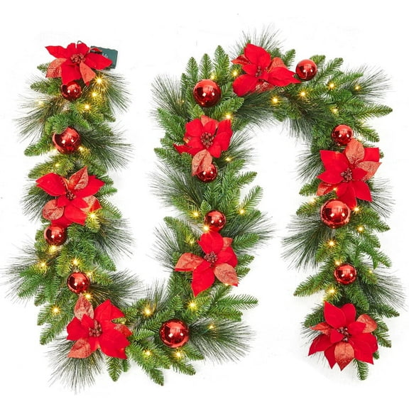 Christmas Red Garland 9Ft Christmas Garland Ornaments, Doorway Garland Christmas Decorations for Fireplace Xmas Tree Table