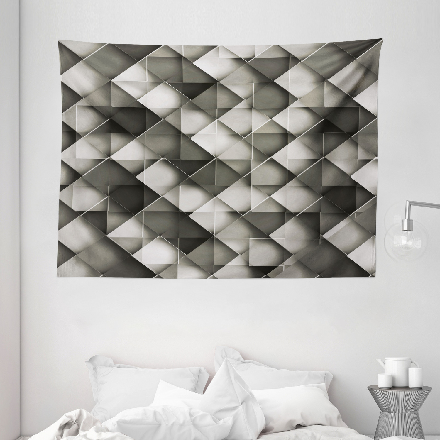 Modern Decor Tapestry, Geometric Design with Grey Ombre Colored Squares