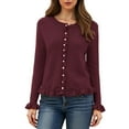 thumbnail image 4 of vigerkar Womens Casual Ruffle Cardigan Sweaters Button Up Crew Neck Long Sleeve Sweater Cute Soft Knit Tops (Wine, L), 4 of 7