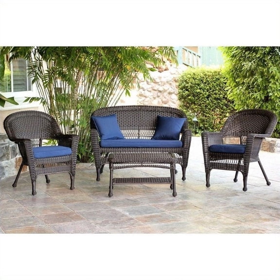 Jeco 4pc Wicker Conversation Set in Espresso with Navy Blue Cushions