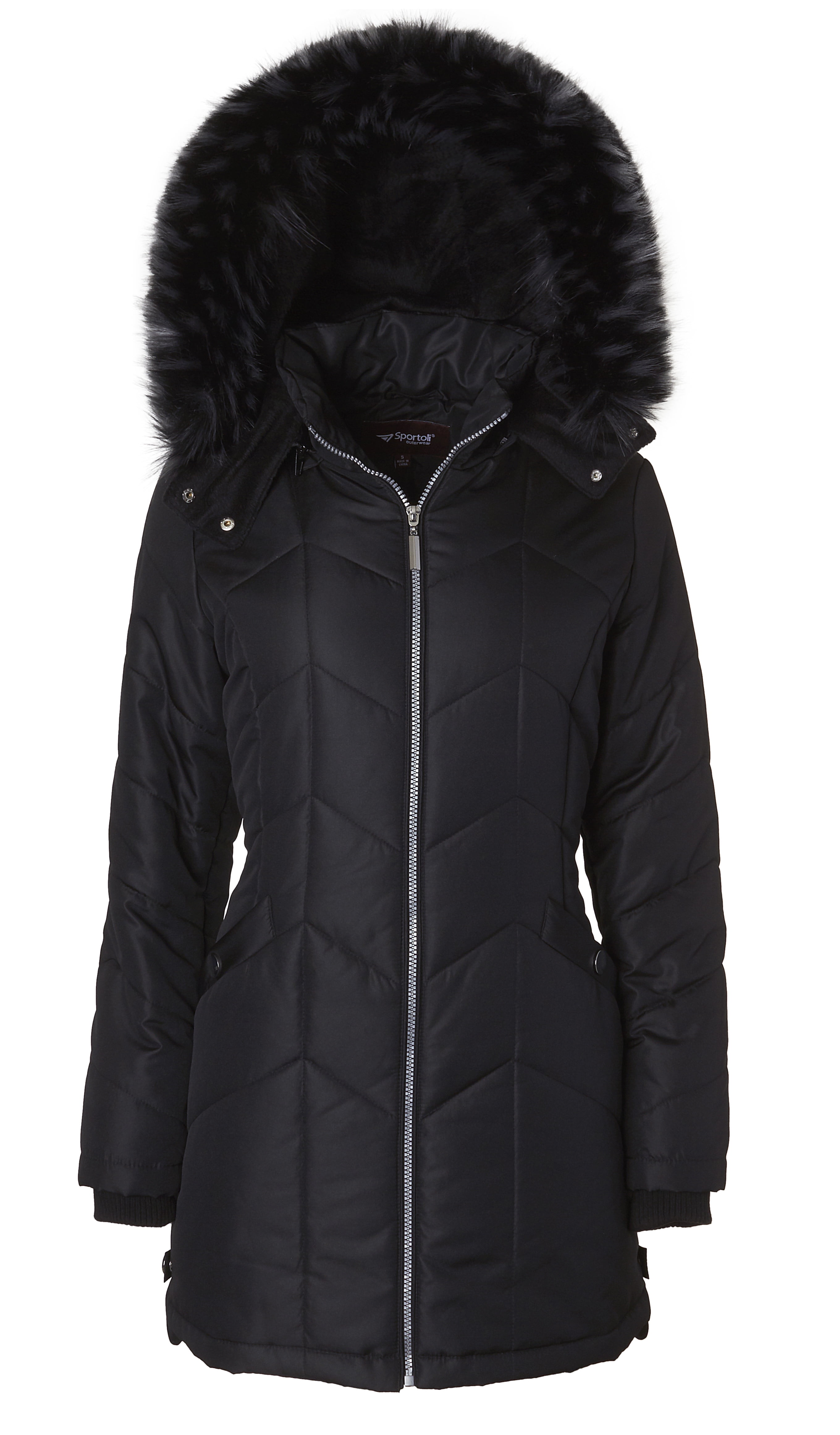 Womens Down Alternative Long Belted Puffer Coat with Fur Trim Detachable Hood