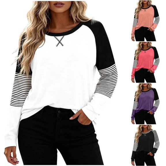 Yourumao Womens Crewneck Sweatshirts Color Block Lightweight Sweatshirt Striped Long Sleeve Plus Size Pullover Tops for Outdoor