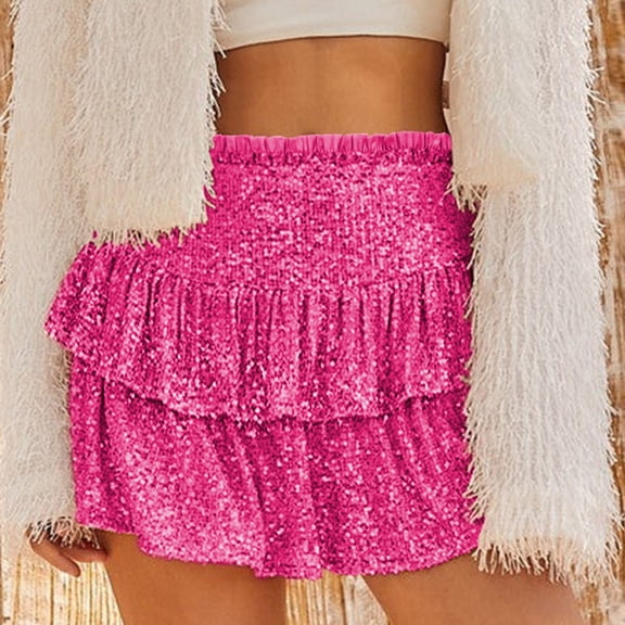 EchfiProm Skirts for Women Hot Pink Sequin Pleated Glitter Mini Going Out Party Elastic Waist Ladies Skirts