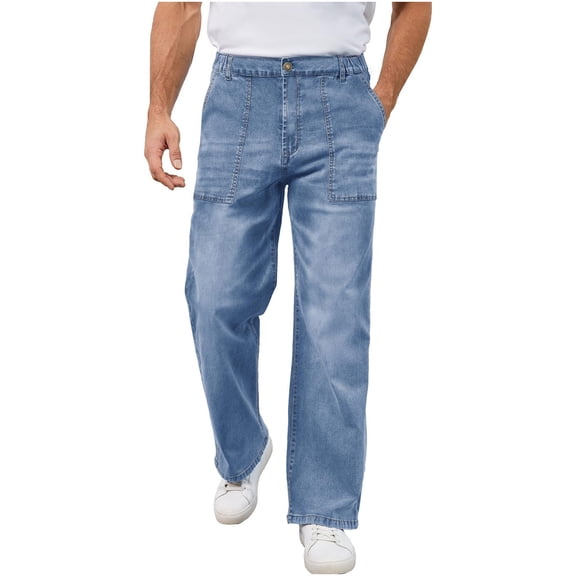 IROINNID Men's Relaxed Fit Elastic Waist Washed Denim Jeans Pull On Straight Leg Casual Trousers with Front Patch Pockets
