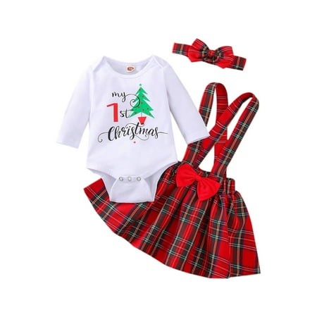 

Sunisery My 1st Christmas Newborn Baby Girls Clothes Sets Letter Romper Xmas Plaid Skirts Red 0-3 Months