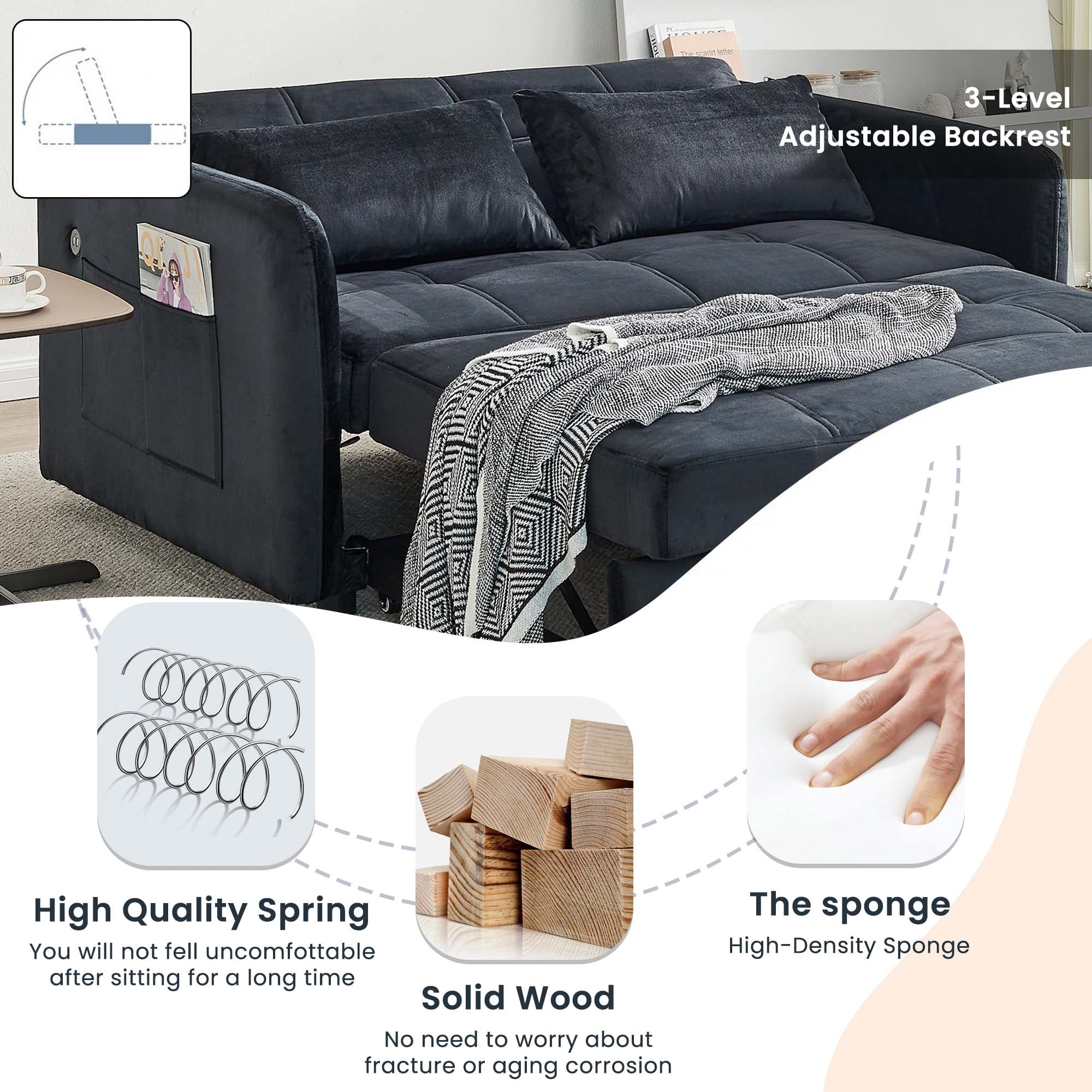 DEALTOPS 55.5" Pull Out  Loveseats Sleeper Sofa Bed with USB Ports and Side Pockets, Black