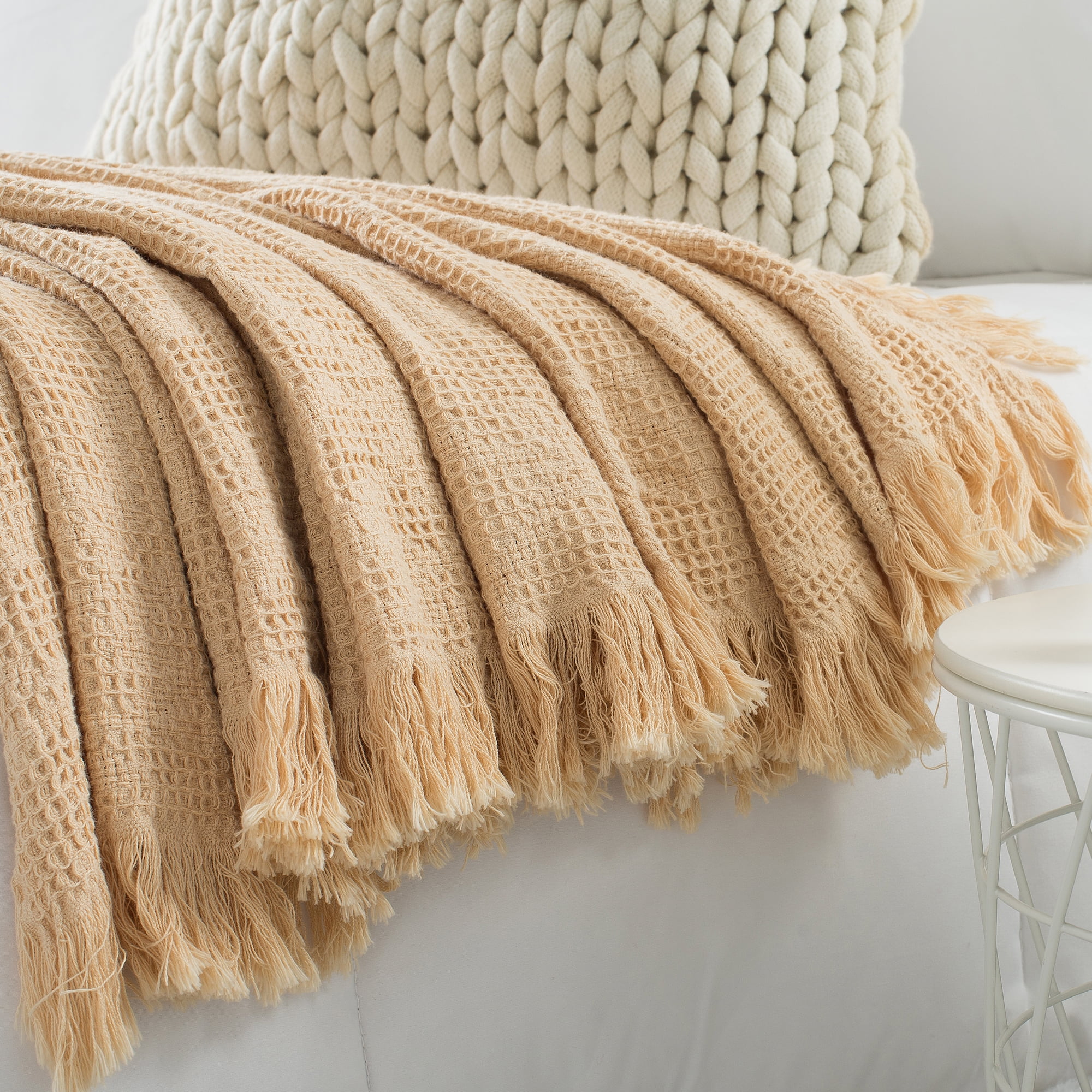 VERAMUSE 100% Cotton Blanket for Bed Beige 90"x90" Queen Size Breathable Thin Blankets for Summer
