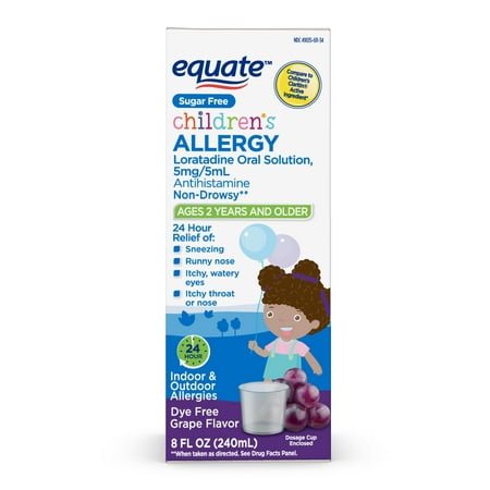 Equate Children’s Loratadine Oral Solution 5 mg/5 mL, Allergy Relief Grape, 8 fl