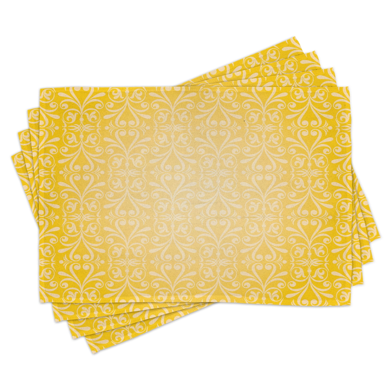 Yellow Placemats Set of 4 Diagonal Swirling Ornate Victorian Damask