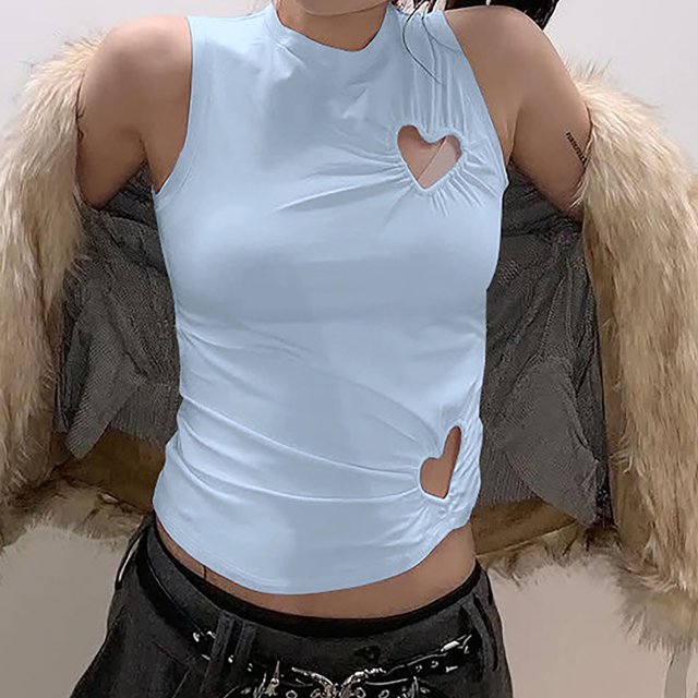 Heisall Womens Tops Spring Summer Solid Color Round Neck Irregular Pleats Waist-Cinching Heart Cutout 2025 New Arrival Fashion