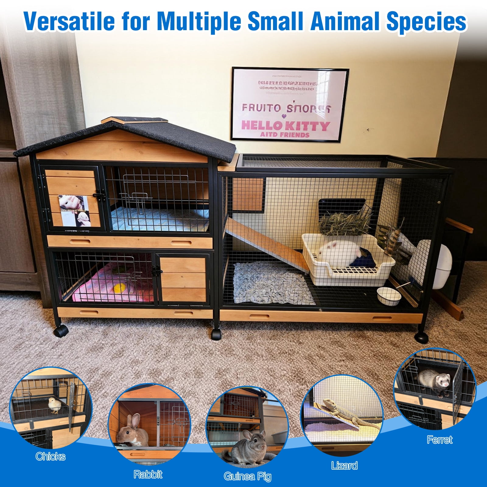 Suumerpety Rabbit Hutch on Wheels Indoor Rabbit Cage Outdoor Bunny Hutch with 3 Plastic Trays & Anti-Chew Ramp Metal Frame Guinea Pig Cage Natural
