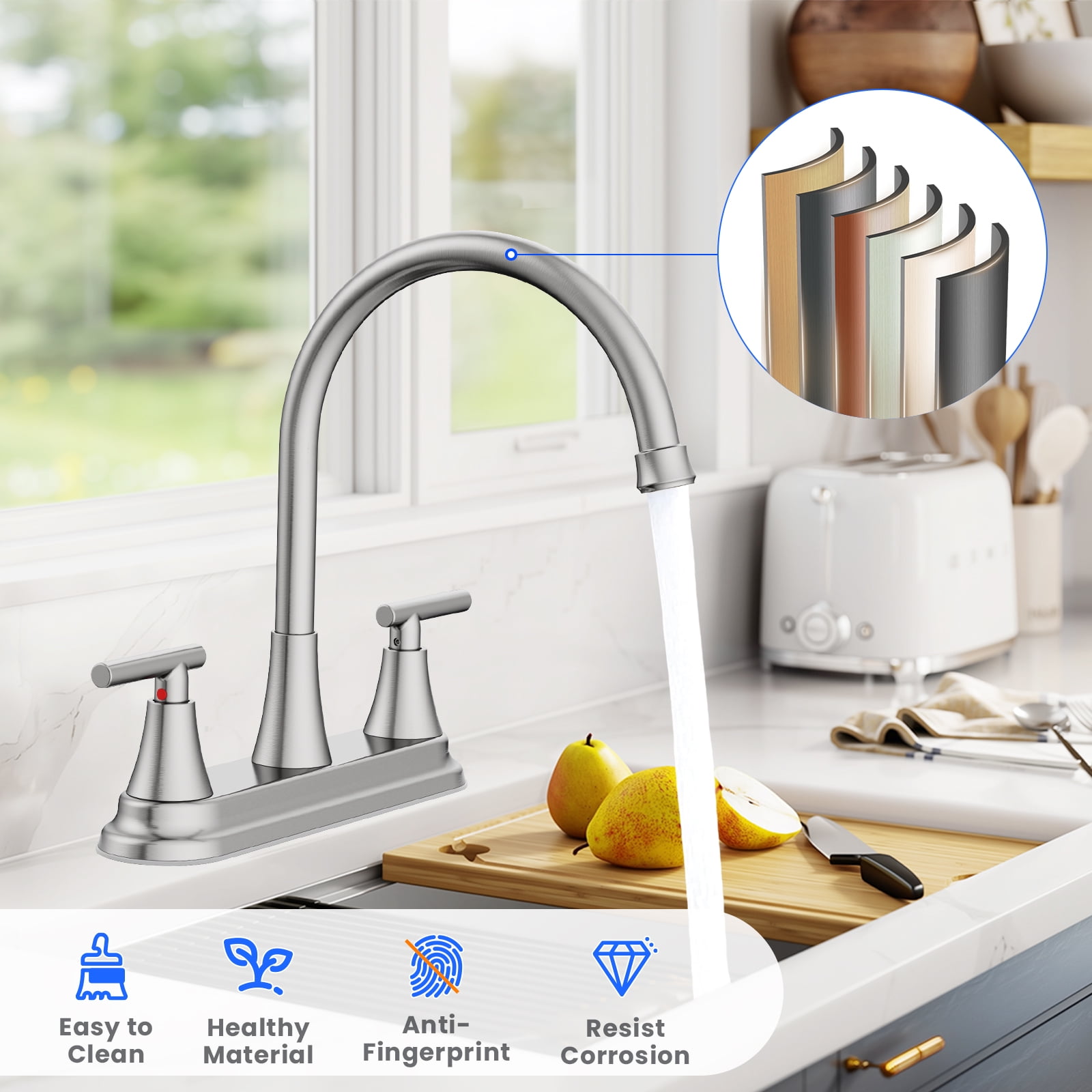 KINGTACK Two Handles Kitchen Faucet, 3 Hole or 4 Holel Faucet for Kitchen Sink, Brushed Nickel