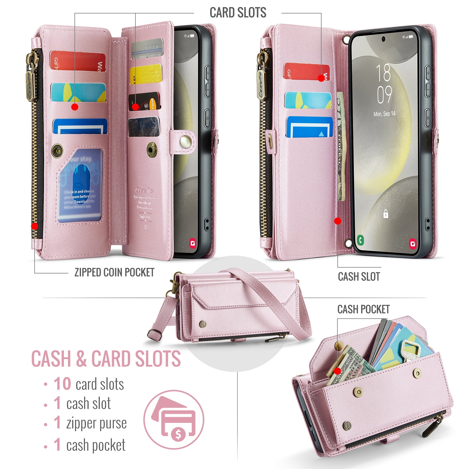 Dteck Crossbody Wallet Case for Samsung Galaxy S25 Ultra 5G RFID Blocking 10-Card Holder Soft PU Leather Magnetic Snap Strap Zipper Pocket Phone Case Fit for Galaxy S25 Ultra 6.9",Pink