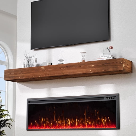 Kincubow 72 inch Wall Mounted Fireplace Mantel Shelf, Solid Wood with Hidden Brackets, Rustic Brown