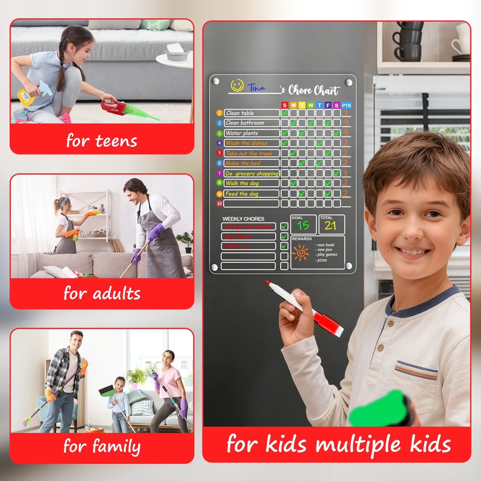 BrilhoGlee 2 Pack Acrylic Magnetic Chore Chart for Kids, 16"x12" Dry Erase Reward & Behavior Board, Magnetic Calendar for Fridge, Reusable Daily Routine Chart for Multiple Kids