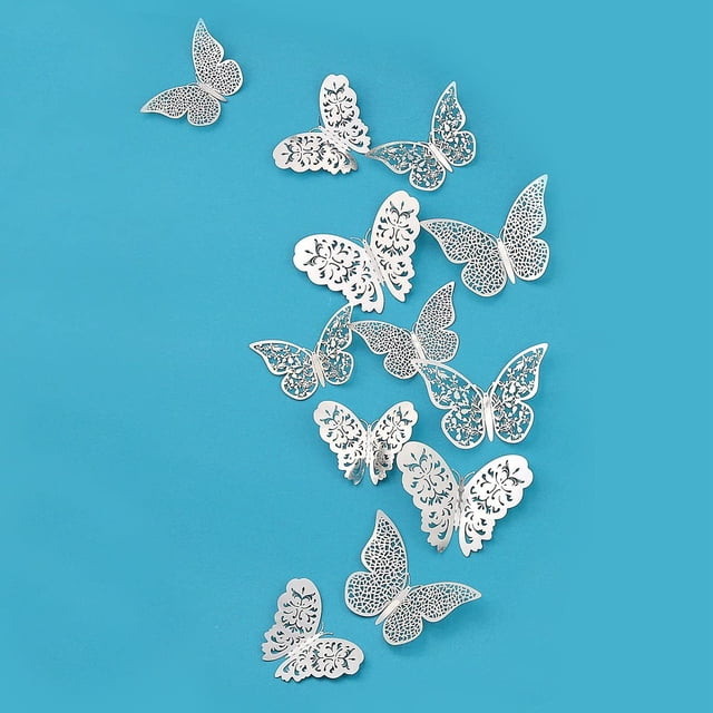 Silver Butterfly Decorations Stickers 3D Butterflies Wall Decor DIY Home Decorations Removable Wall Decals Murals for Home Living Room Babys Kids Bedroom Showcase Nursery Art Decor (36PCS)