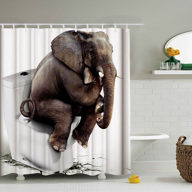 Un juego (elefante de baño, aproximadamente 180*180 cm) Cortina de ducha de diseño, estampado de ensueño de elefante animal colorido, juego de decoración de baño de tela impermeable con ganchos