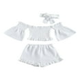 thumbnail image 1 of 3 Pcs Infant Outfits  Baby Girls Off Shoulder Flare Sleeves Tops + Ruffle Shorts + Bowknot Headband, 1 of 6