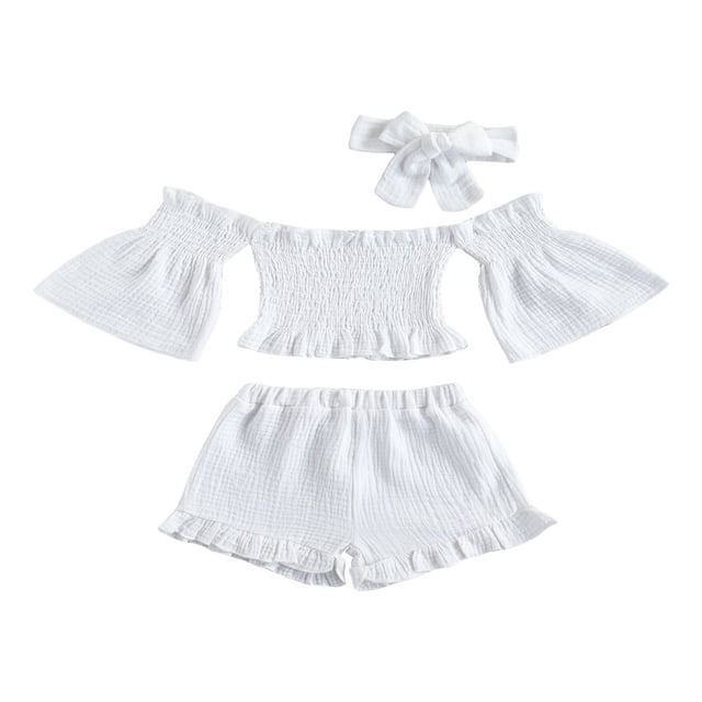 3 Pcs Infant Outfits Baby Girls Off Shoulder Flare Sleeves Tops + Ruffle Shorts + Bowknot Headband