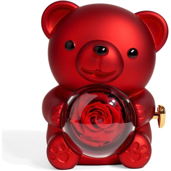 Rose Teddy Bear Jewelry Box with Preserved Rose, cute teddy bear with preserved rose,Gift for Women Her, Anniversary Valentine Mother's Day(DSF)