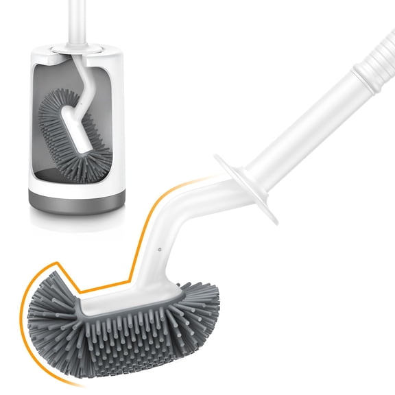 HAMITOR Toilet Bowl Brush Holder Set: Silicone Toilet Cleaner Brush with Curved Design Deep Cleaning Compact Hidden Scrubber for Bathroom Small Space - Modern Rv Toilet Decor Accessories - White C67