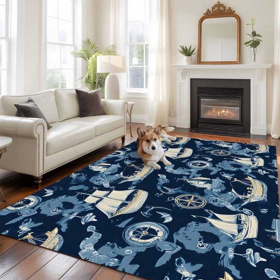 6'x9' Area Rugs, Navy Blue Coastal Indoor Outdoor Area Rug for Living Room Bedroom, Nautical Boat Summer Beach Ocean Washable Bathroom Rugs Kitchen Floor Carpet Mats Home Decor Aesthetic