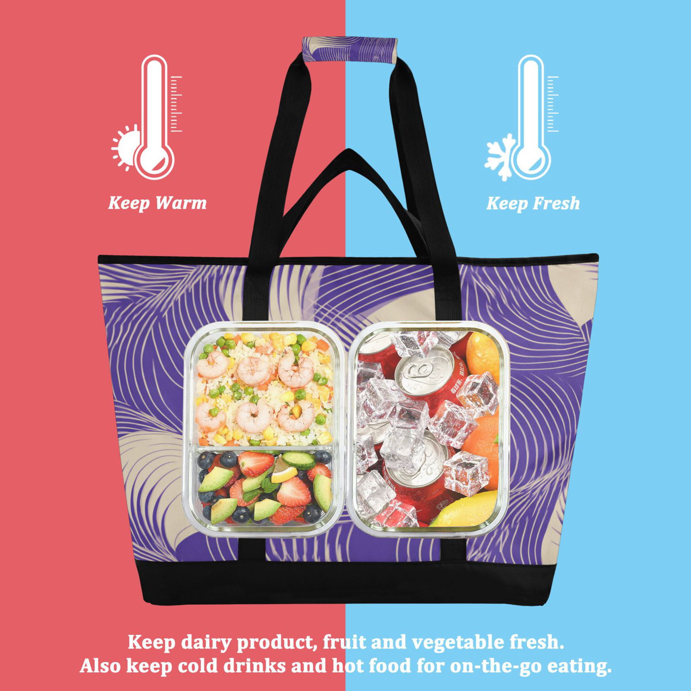 Extra-Large Wide Opening Design Capacity Hand-Held Ice Pack Thickened Insulation Layer For Long-Lasting Cold Retention For Outdoor Shopping Picnics And Camping Purple Chaotic Lines