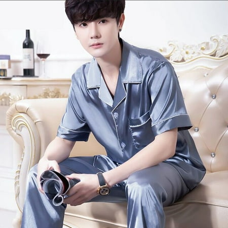 

QWZNDZGR Pajamas Men Home Clothes Suit Silk Satin Sleepwear Short Sleeve Pajama Sets Summer Men s Sleep Tops Pants Pijama Loungewear