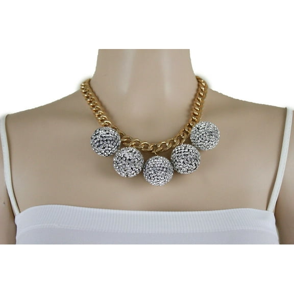 Women Fashion Necklace Gold Metal Chain Disco Balls Pendant Dressy Club Jewelry