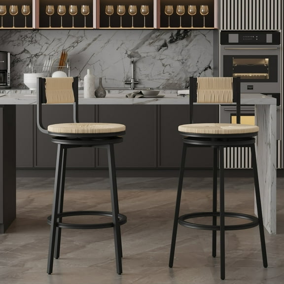MAYEERTY Creamy White Swivel Bar Stools Set of 2 - Handwoven Paper Rope, Metal Frame, Kitchen Counter