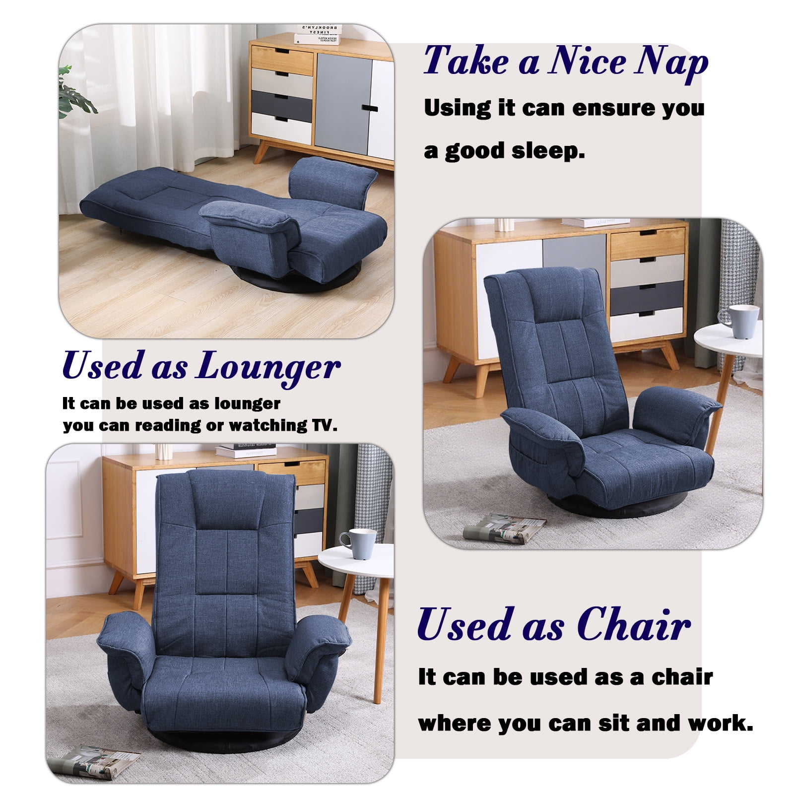 360 Degree Swivel Floor Chairs for Adults, Gaming Floor Chair with Back Support, 14 Angles Adjustable Comfortable Floor Lounge Chair Folding Video Game Chairs Office Bedroom