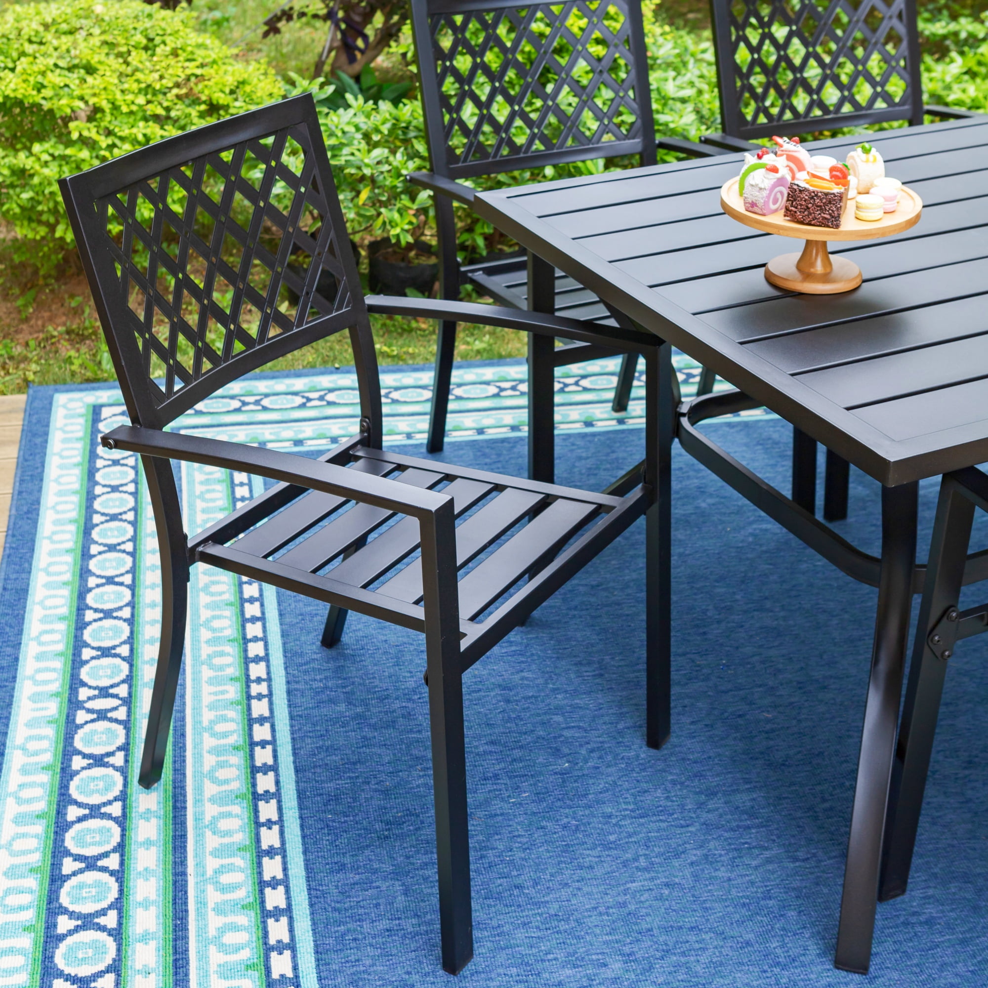 MF Studio 7-Piece Outdoor Patio Dining Set with Stackable Chairs & 6-Person Table, Modern Metal Steel Patio Furniture, Black