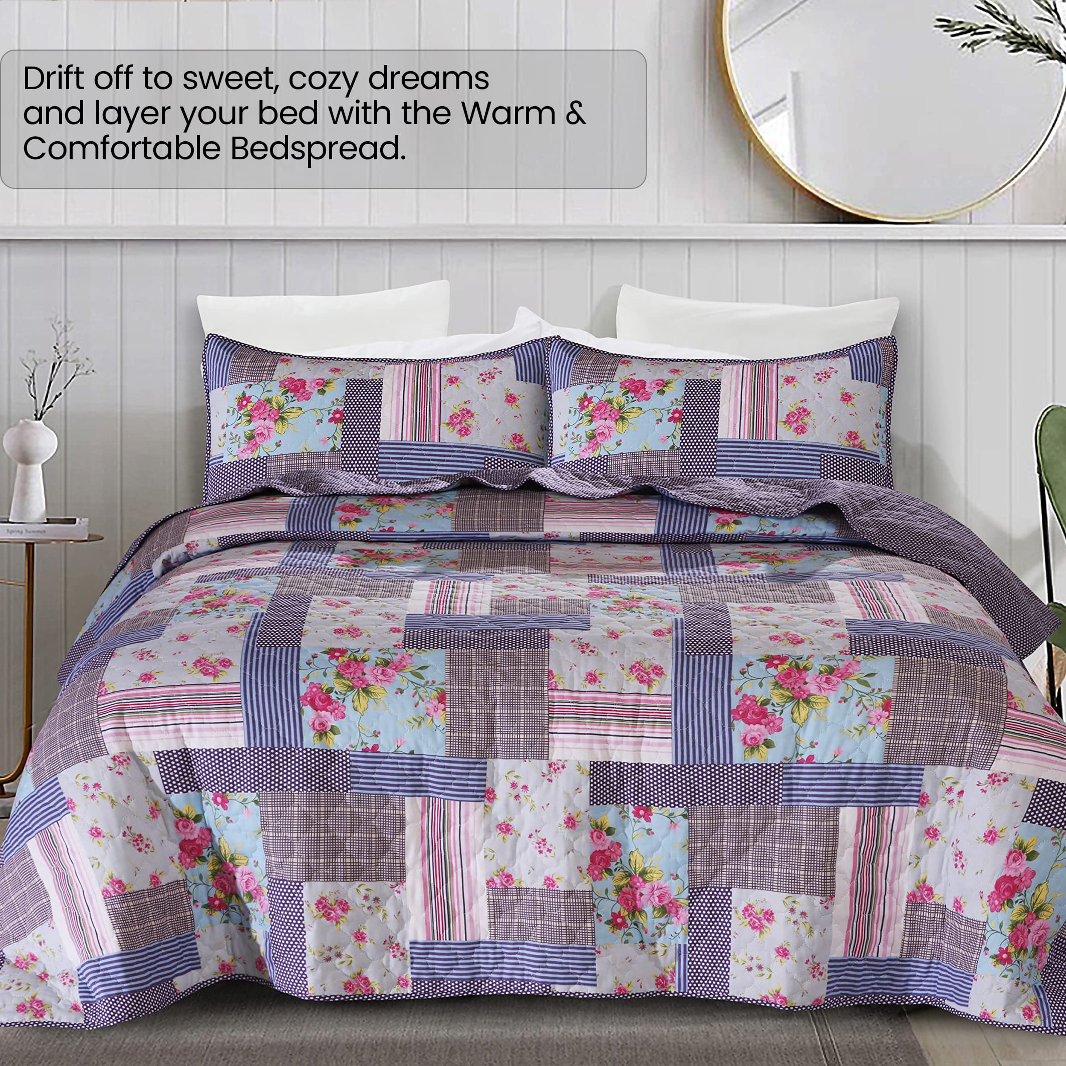 RUVANTI 100% Cotton 3 Pcs Quilt Set Queen/Full Bedspreads, Lightweight Coverlet, Soft, Warm Comforter. All Season Quilts Queen Size Set Include Quilt & 2 Pillowcovers, Reversible Pink Rose Design