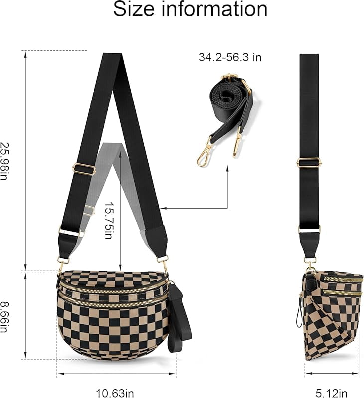 Nylon Bum Bags Plus Size Fanny Pack Sling Bag Belt Bag for Women Travel, Checkered Crossbody Bags for Women