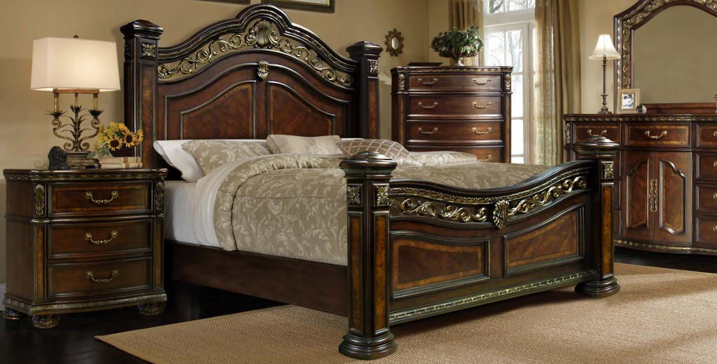 McFerran B163CK Antique Brass Cherry Wood Finish California King Bed Classic