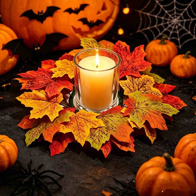 Corona de velas con forma de hoja de arce para Halloween, decoración de mesa de comedor de estilo europeo con velas – Centro de mesa de flores artificiales con portavelas festivo