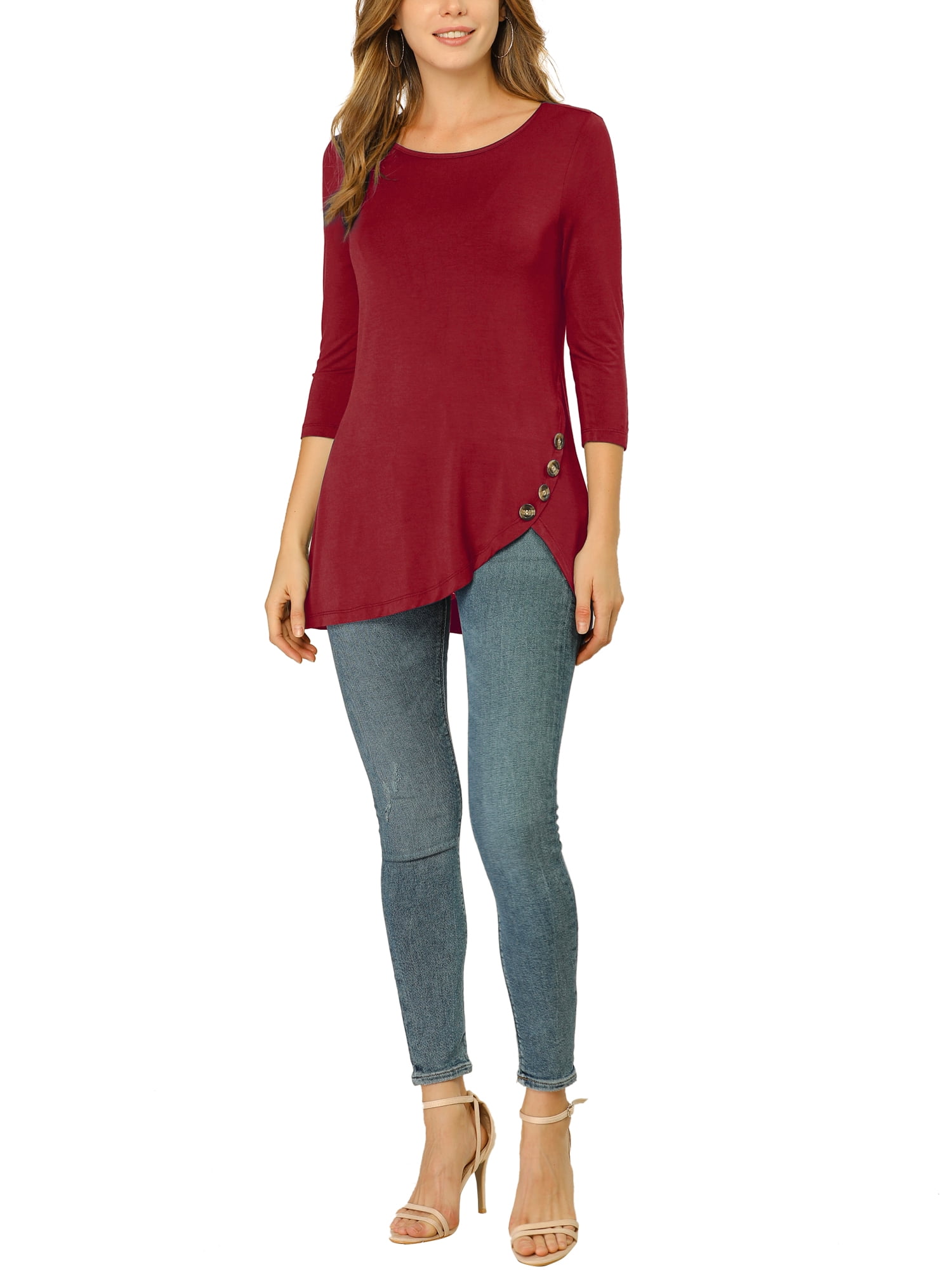 DARING DIVA Women's Casual Stretchy Tunic Asymmetric Hem Top S Burgundy