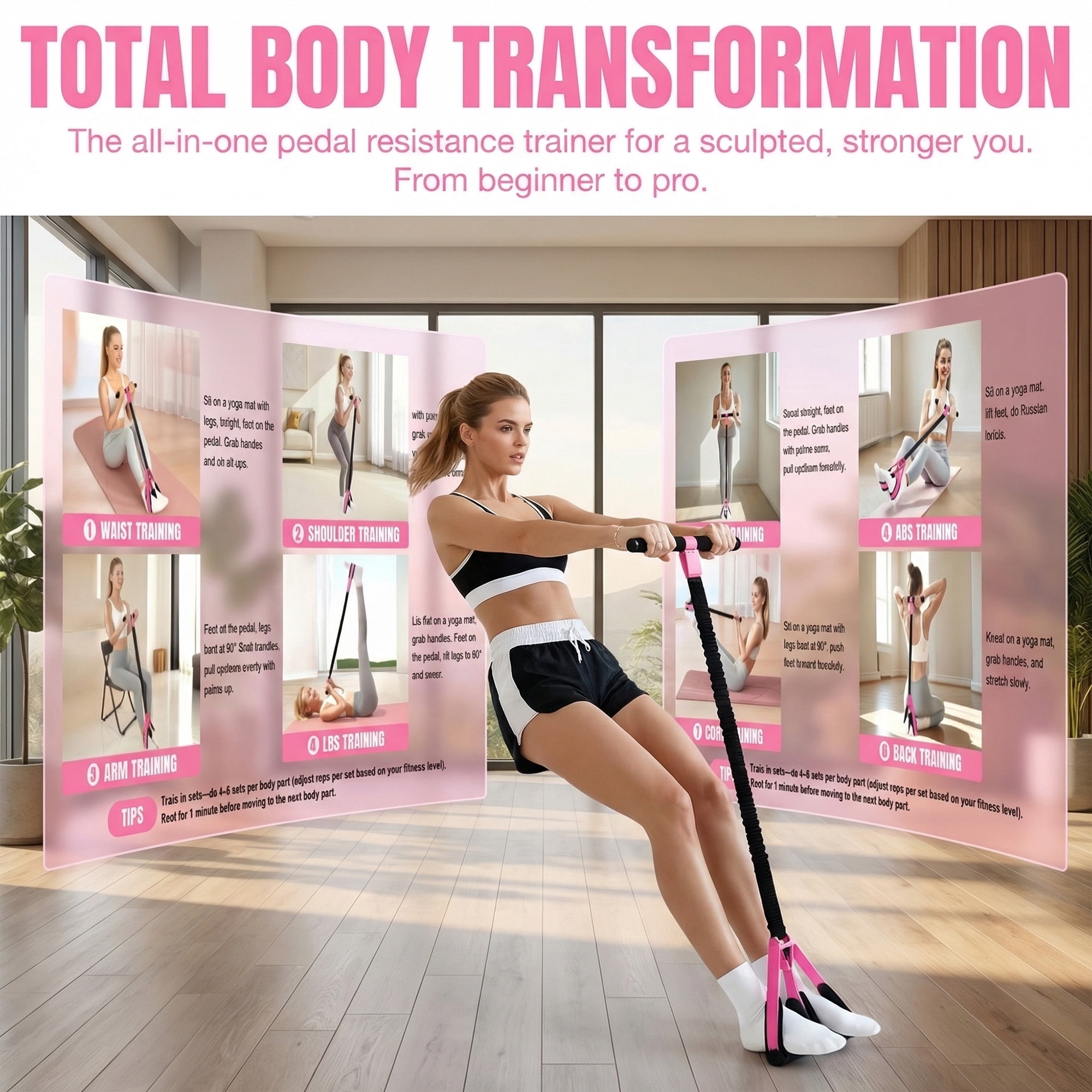 Pedal Resistance Band for Home Workout Sit Up Exercise Band for Core Legs Arms Pilates Training Pink