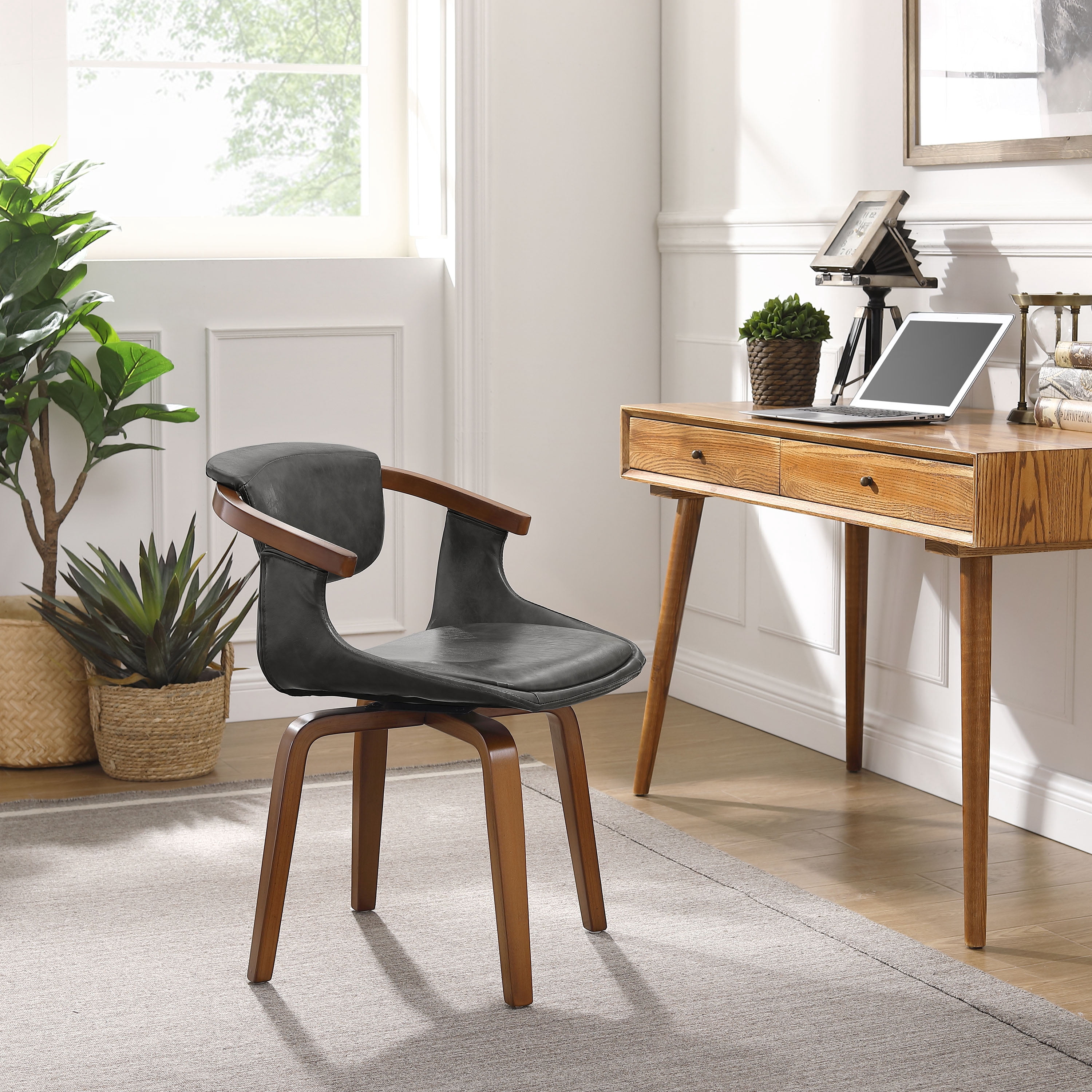 Art Leon Office Chair, Faux Leather Swivel Desk Chair with Wood Legs, Gray