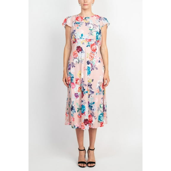 Adrianna Papell Jewel Neck Flutter Sleeve & Soft Pleats Floral Print Empire Waist Midi Dress-BLUSH MULTI / 8