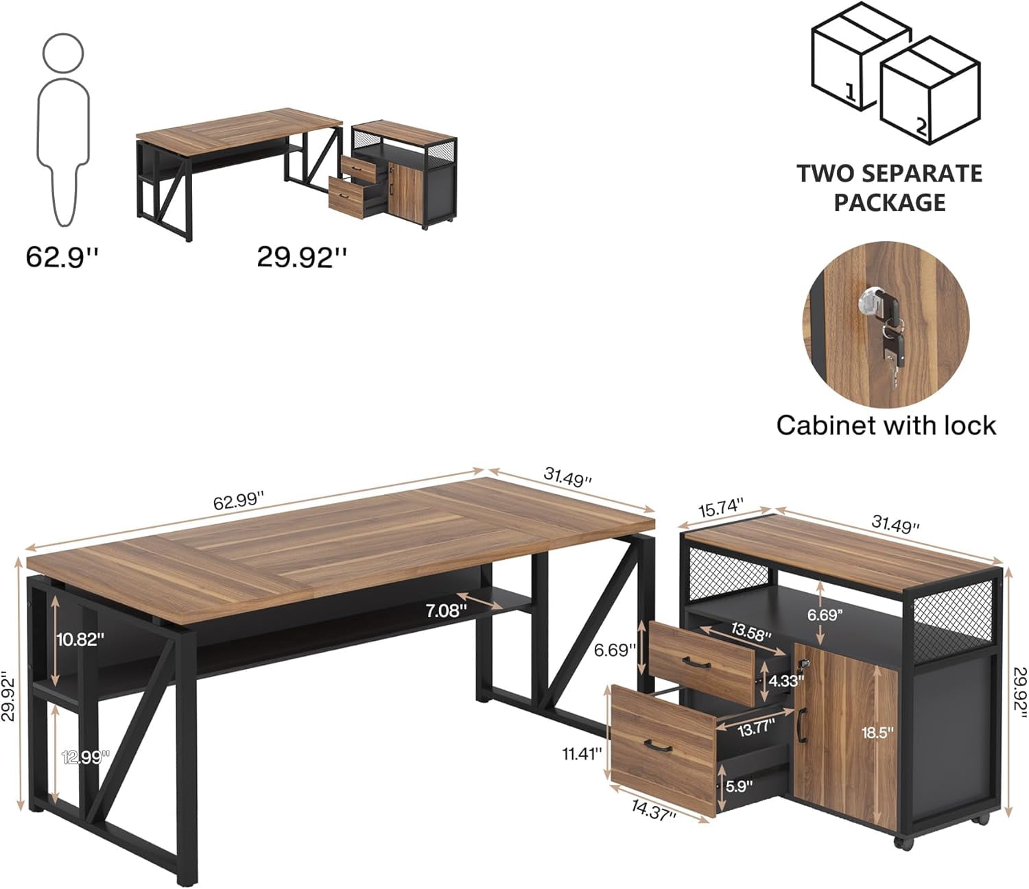 Tribesigns 63" L Shaped Executive Desk with Lateral File Cabinet, Doors with Locks, Desk with Shelf (Walnut and Black)