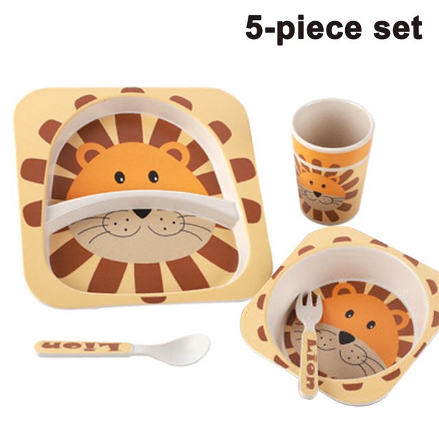 5-piece Eco Friendly Bamboo Fiber Children's -Dinnerware -Cute Animal Designs Kids Dinnerware Sets, Dishwasher Safe Little lion