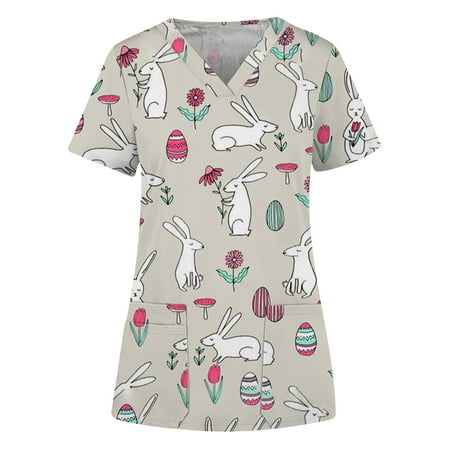 

LWZWM Floral Print T-Shirt for Women Easter Top V-Neck Short Sleeve Scrub Top Button Down Rabbit With Pocket Gray S