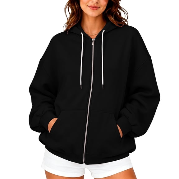 Zip up Hoodies for Women Fall Winter Long Sleeve Drawstring Hooded Sweatshirts Loose Fit Casual Jackets with Pocket L