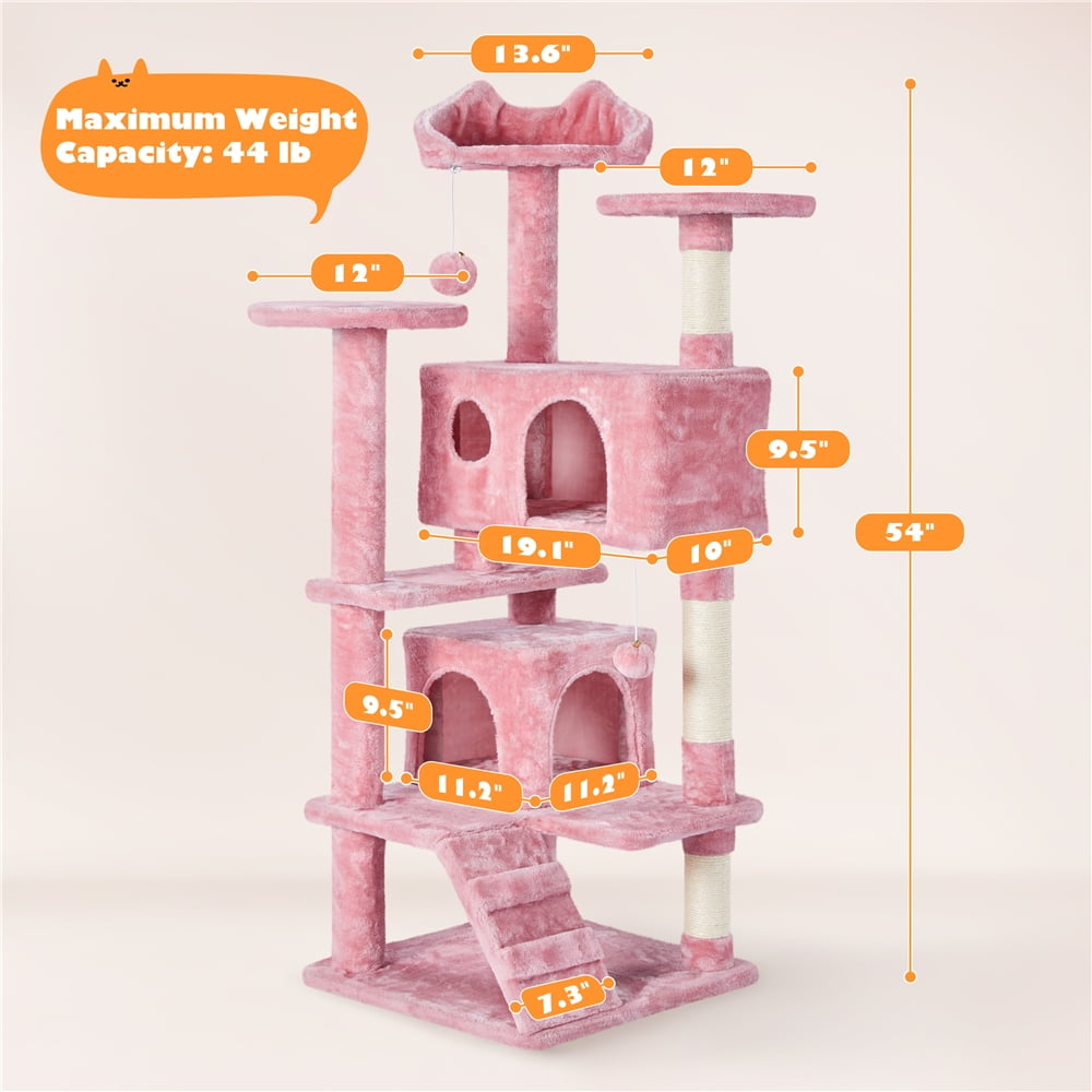 Alden Design 54.5" H Double Condo Cat Tree with Scratching Post Tower, Pink