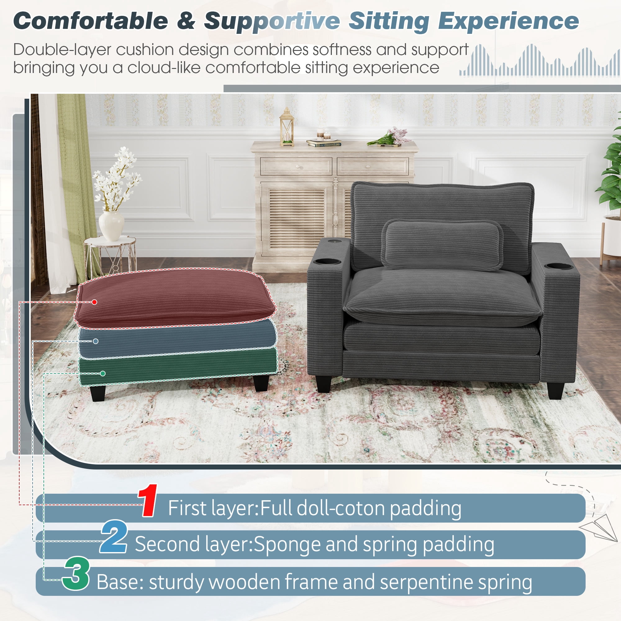 Lunale Oversized Lounge Chair & Ottoman Set - 45.5" Cloud Corduroy Accent Armchair with USB/Cup Holder for Modern Living/Bedroom, Dark Gray