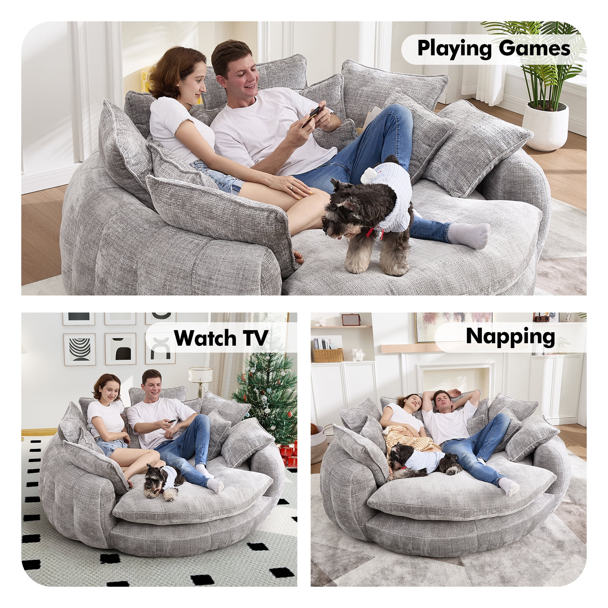 Aukfa 81" Oversized Round Chaise Lounge Sofa Bed, Modern Chenille Cloud Couch with Deep Seat, 14 Pillows, Assemble-Free, Light Gray
