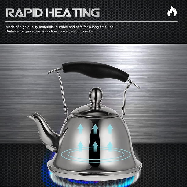 1. Hervidor de té de estufa de 5 l, tanque de agua de ebullición rápida de acero inoxidable, tetera con sonido de tetera con mango frío e infusor para cocina casera. Afortunado Sencillez